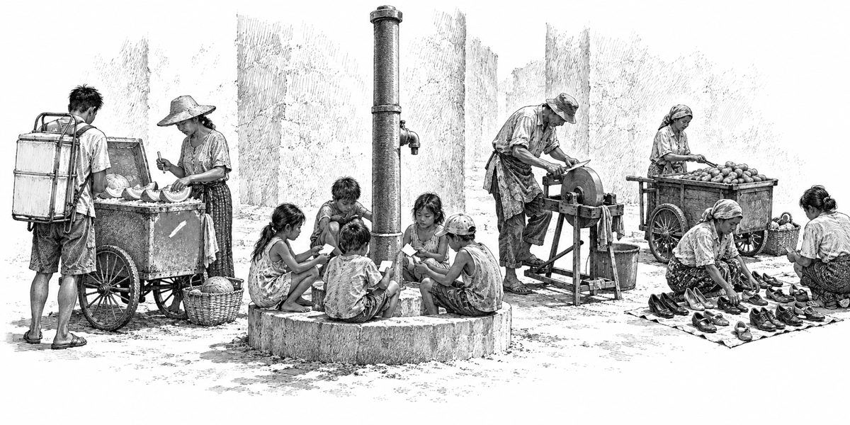 Cảnh nhìn ngang mặt đất: chân một trụ cấp nước công cộng với khu chợ nhỏ trên phố quanh đó: trụ nước và bệ bê tông, trẻ em ngồi xổm trên bệ đổi hình dán, và một thùng đá trên xe đẩy bán dưa cắt miếng