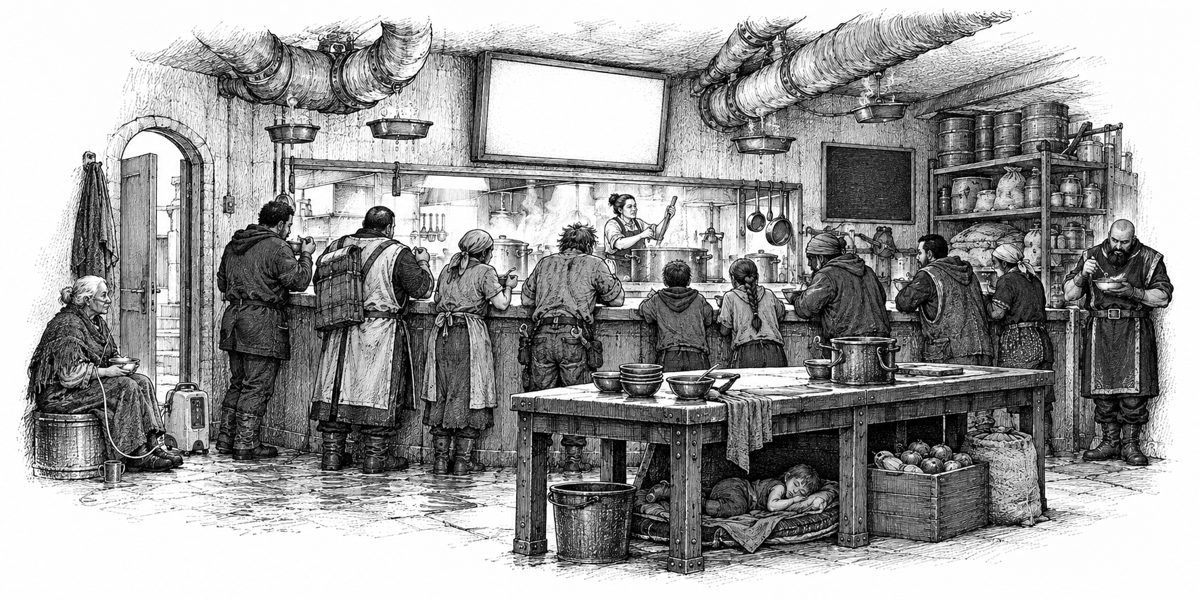 Interior of the crowded kitchen seen from the eating side of the counter: about a dozen people stand eating from bowls and watching a lit screen above the service hatch, a woman with a paddle at the range behind the counter, an elderly woma
