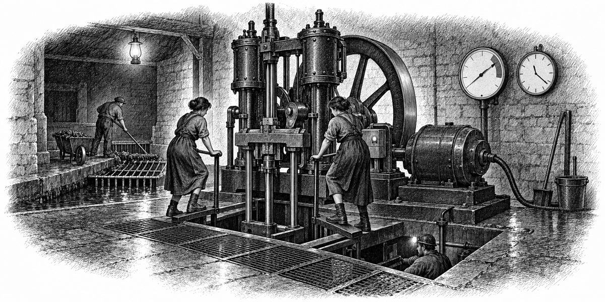Eye-level view across the machine pit from one end of the pump floor: the big twin-cylinder pump in the middle, a woman on each treadle at either side of the pit, the round gauge on the wall behind with its needle in the red band