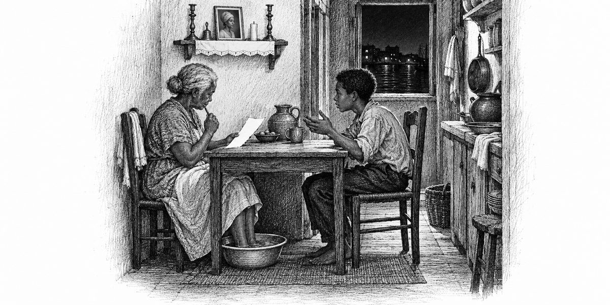 A narrow apartment kitchen at night: a small table with an elderly woman seated at it, her bare feet in a basin of water on the floor, a pencil in her hand and a paper list before her; a teenage boy seated across from her; behind her the sh