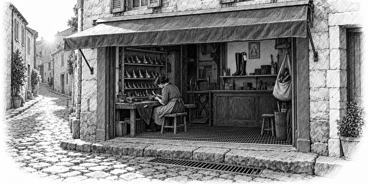 View from across the lane into the open front of the cobbler's shop: awning, bench with the woman at work, shelf behind the counter
