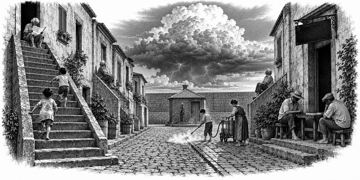 Looking down the lane from near the eleven-step house toward the pump house and the thunderhead over the flood wall