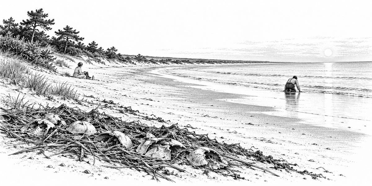 Wide, low view along an empty summer beach at dawn: a ridge of pale hollow horseshoe crab shells and dried eelgrass at the wrack line in the foreground, low dunes with pitch pine and beach plum behind, a man kneeling small at the water's ed