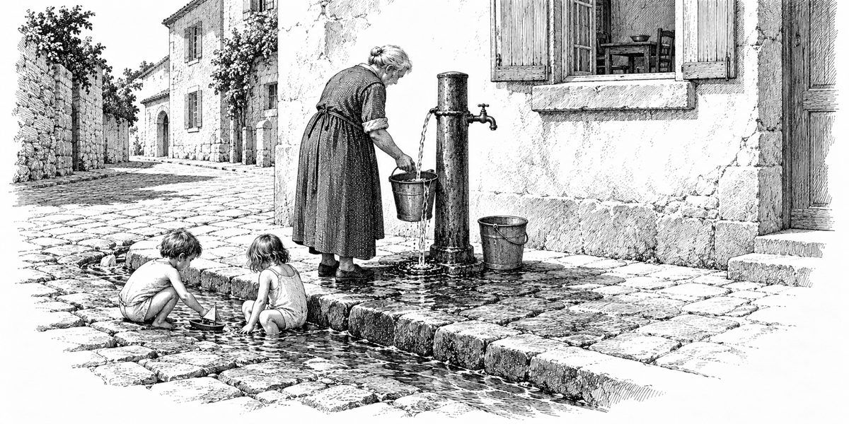 Eye-level view across the corner at the standpipe, the woman with her bucket, and the children in the runoff, with the house window behind