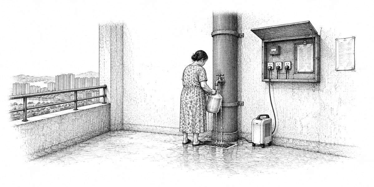 Straight-on view of the landing wall at floor level: a thick painted water pipe rising through the floor, a brass tap at hip height over a drain grate, a steel flap open on four sockets beside it with a meter and a handwritten roster, a wom