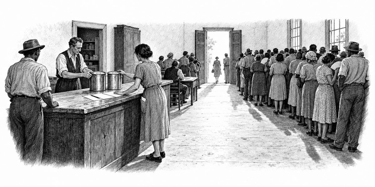 Eye-level view across the counter at the two cans, with the crowded office behind and the glare of the open street door at the back