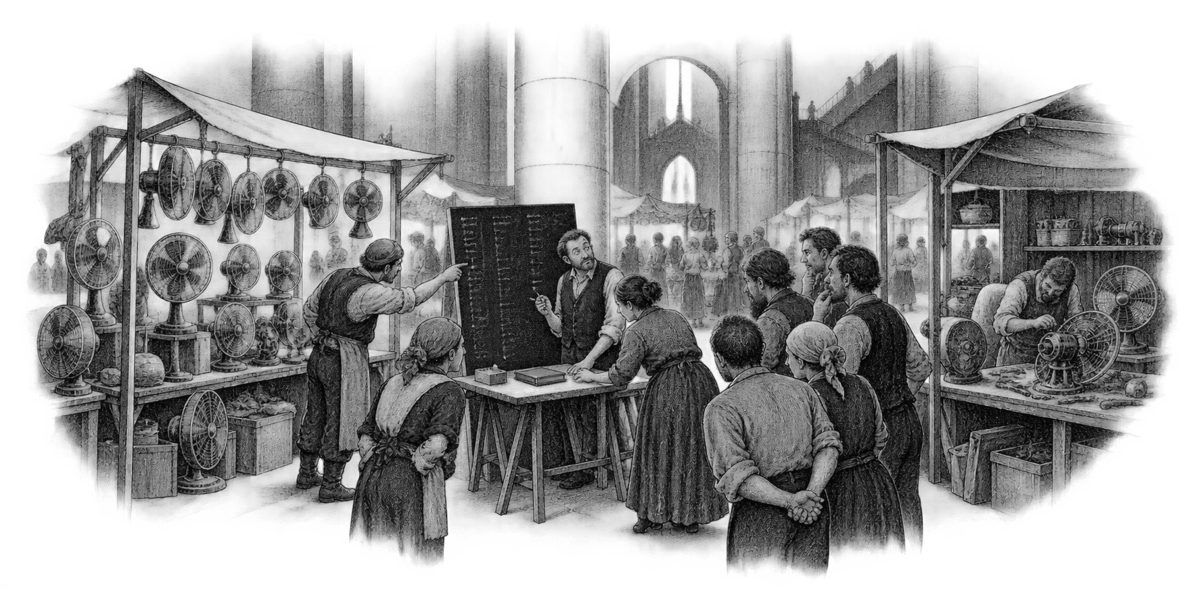 A large black-painted board covered in chalk columns, propped upright at a small table between two stalls: a man standing before it with a box of chalk and a closed ledger, a woman leaning in to lay a wager, and a small cluster of neighbors