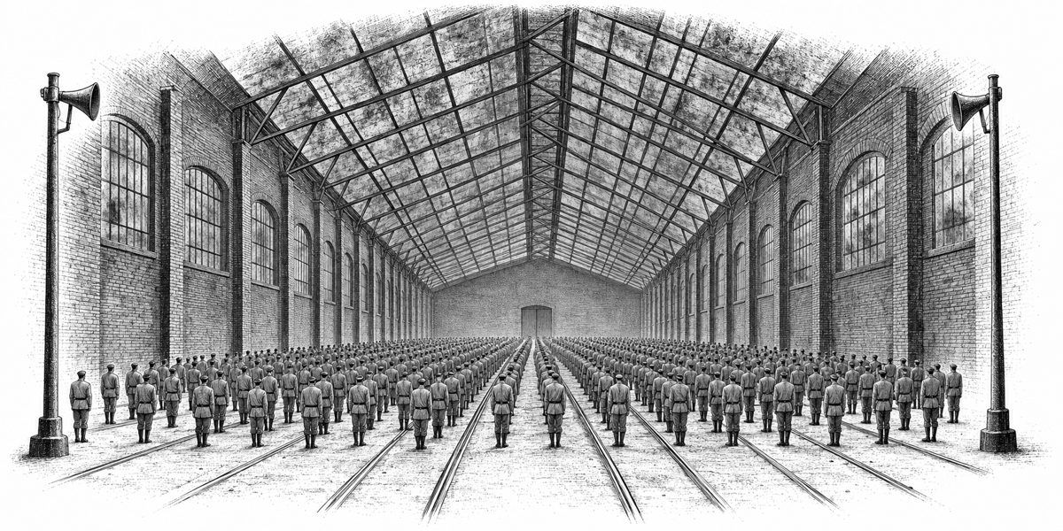 Long view down the length of the shed: a soot-clouded glass roof letting in brown light, old tram rails running along the floor, hundreds of small figures in neat ranks between the rails like vegetables in rows, a horn on a pole at each end
