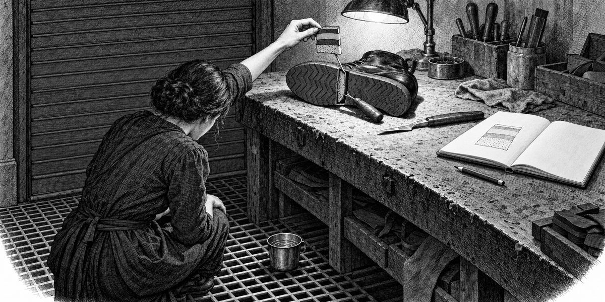 Close three-quarter view down onto the bench from the side, with the floor grating and the cup at the lower left