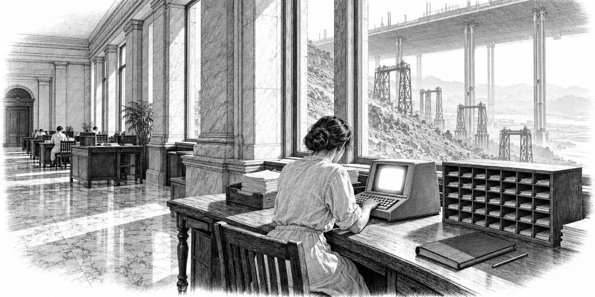 View from behind and to the side of the desk, looking past the seated woman to the tall window and the gantries on the slope below