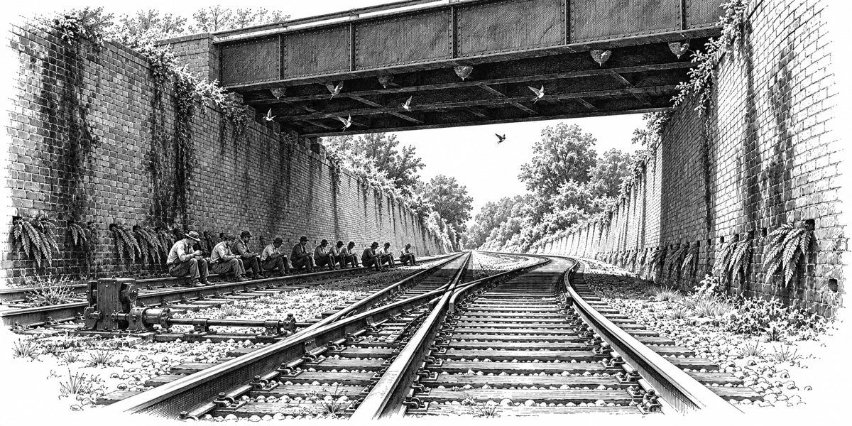 A deep brick railway cutting seen along the track: weeping red brick walls with fern and moss in the weep holes, an old road bridge on iron girders overhead throwing shade, swallows under the girders, a set of points with a point machine be