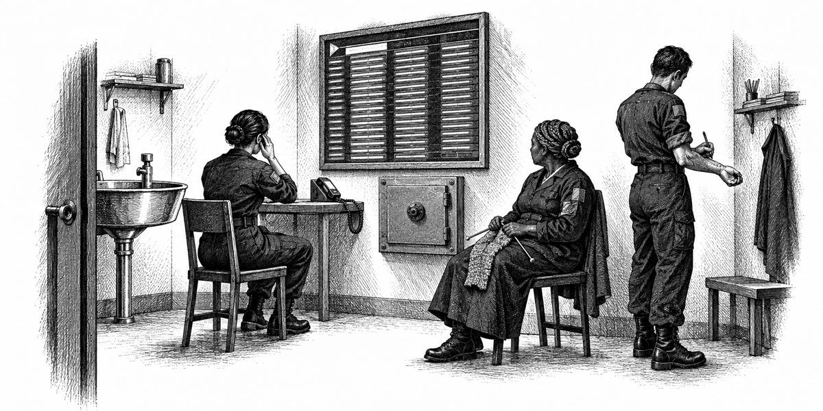 Interior of a small station room at night, seen from the doorway: on the wall a duty board lit red, a gray steel safe with a round dial bolted to the wall beneath it, a handset on speaker, an older woman seated with a half-knitted gray slee