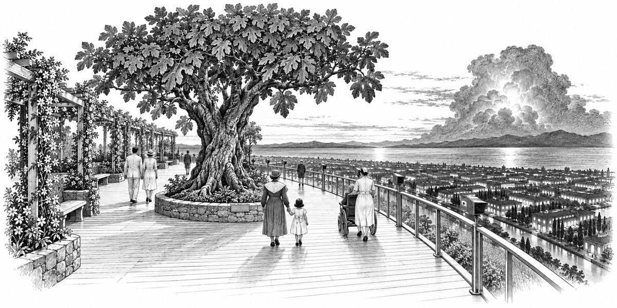 Eye-level view along the promenade at the fig tree in its stone-curbed bed, with the steel rail at the right and the bowls and the thunderhead beyond