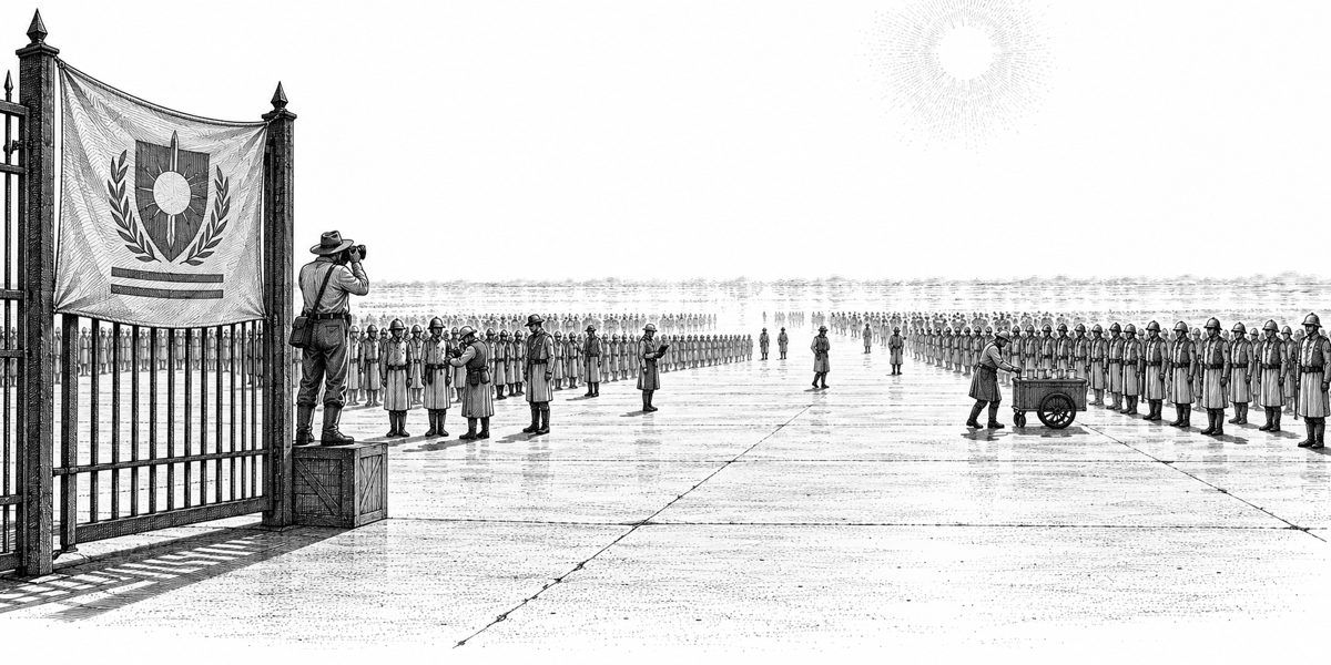 Wide, low view across a bare concrete apron under a white sky: the gate in the foreground with a banner hung across it and a photographer in a wide hat standing on a crate beside it; beyond, the Guardians in tight ranks with helmets on, off