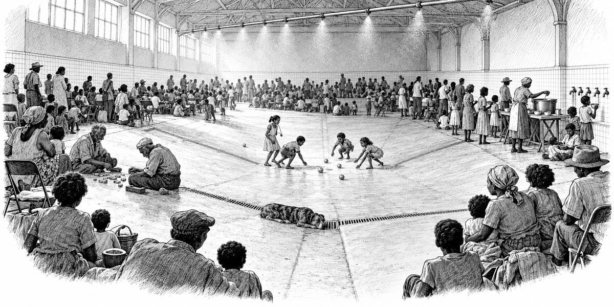 Interior of the hall from the high shallow end looking down the sloped floor: hundreds of small people on folding chairs and on the tile, a folding table at the east wall where a woman ladles soup from a very large pot, old men playing tile