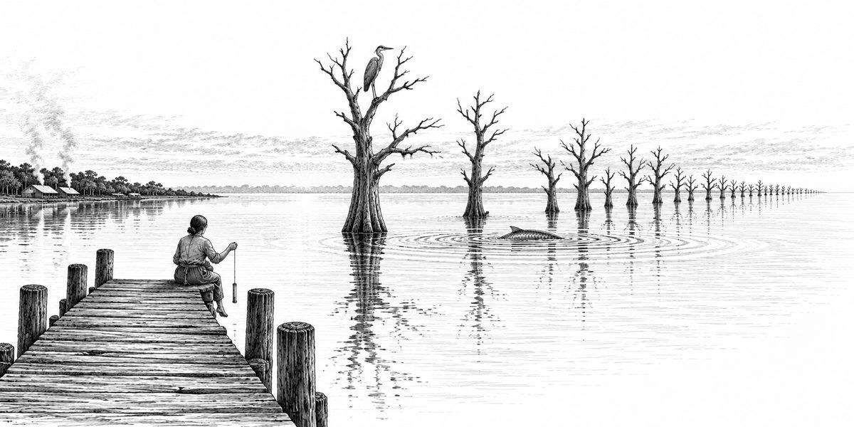 View from the end of the pier looking out across the flat Lake to the line of drowned oaks, with the woman small at the left of the frame