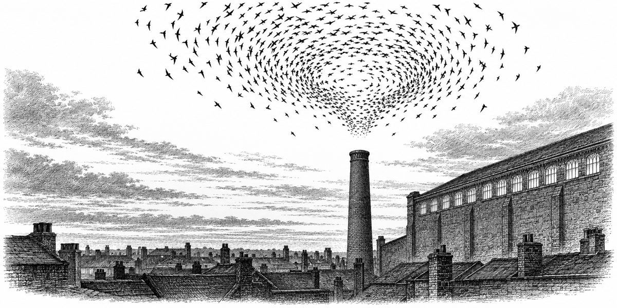 Looking up from rooftop level at the old brick boiler stack against a gold and gray dusk sky, with hundreds of swifts wheeling in one slow funnel above its open top; the long north wall of the hall with its row of clerestory windows lies be