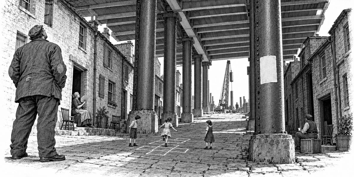 Looking up the lane from its top toward the half-built deck: the double row of columns, the gray ribbed underframe overhead, shade below and bright sky at the open end