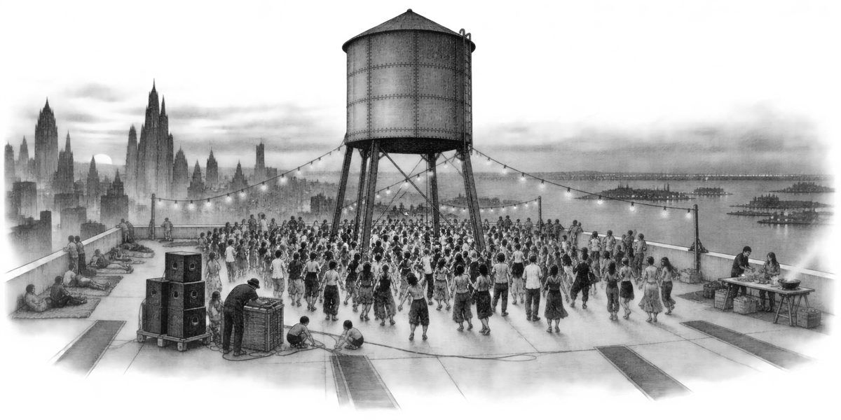 The flat concrete roof at dusk, seen at roof level: a big riveted steel water tank raised on its frame of riveted legs in the middle, strings of glass lamps lit on a wire from the tank's legs to the parapet posts, about three hundred small 