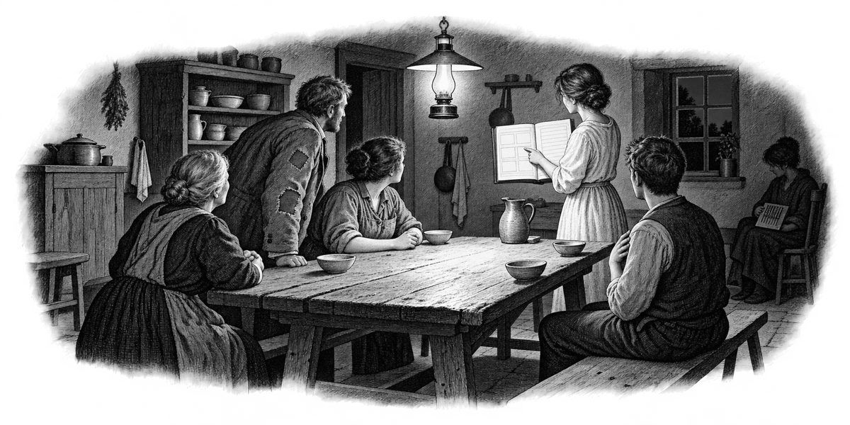 Eye level at the end of the table: the open green ledger under the lamp, one woman standing with a finger on a pencil box, the seated household around her in lamplight