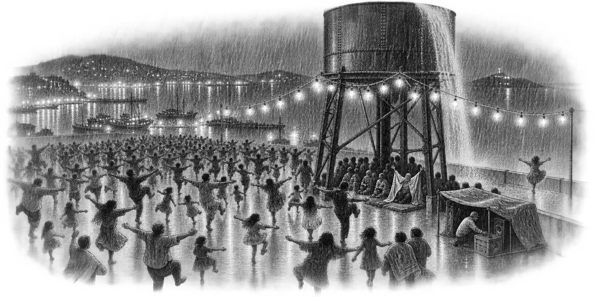 The same roof at night in heavy warm rain: glass lamps swinging on their wire between the tank's legs, hundreds of small soaked people dancing the same silly dance with arms flung out and faces turned up, children running in circles, roof s