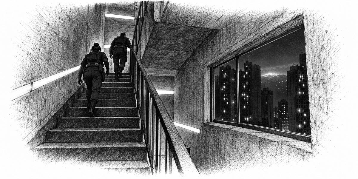Inside a tall concrete stairwell at night, seen from a landing looking up the flights: a strip of emergency light glowing green along the wall at each landing, two uniformed Guardians climbing, and a stair window looking out over dark tower