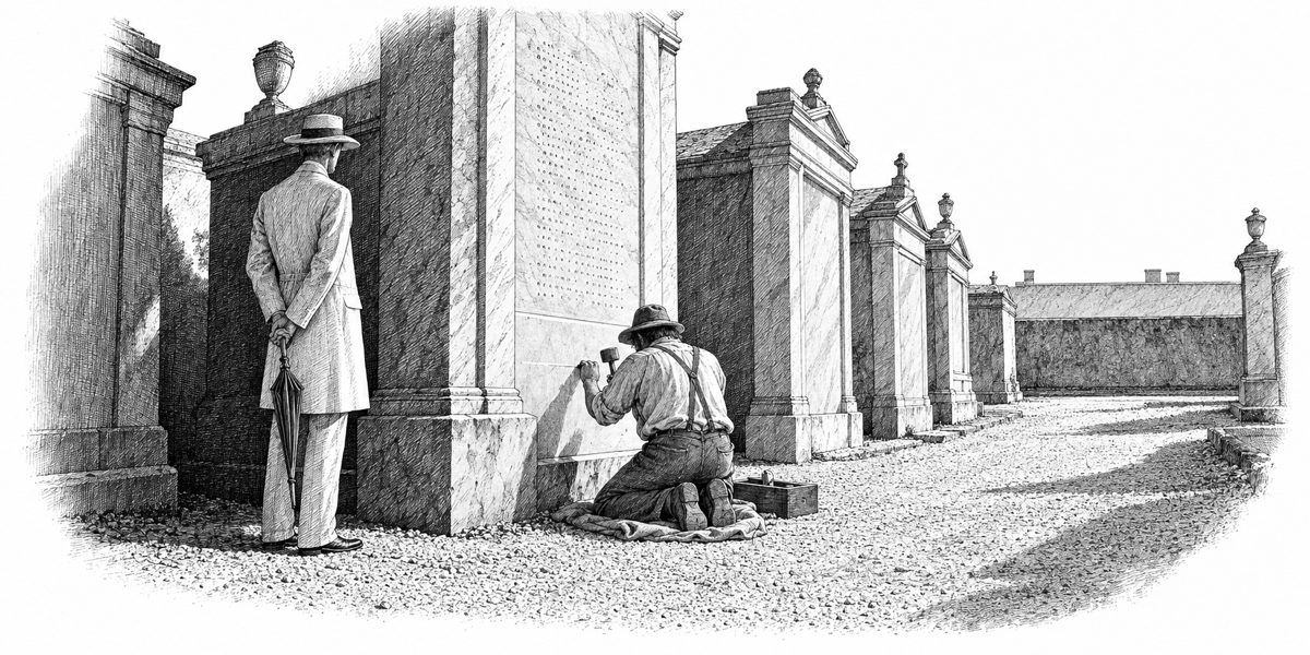 A pale marble family vault seen close and a little from the side: a mason kneeling on a folded sack at its foot, flat chisel set to a chalk line on a blank panel, a column of weathered names rising above him, and a thin steward in a pale li