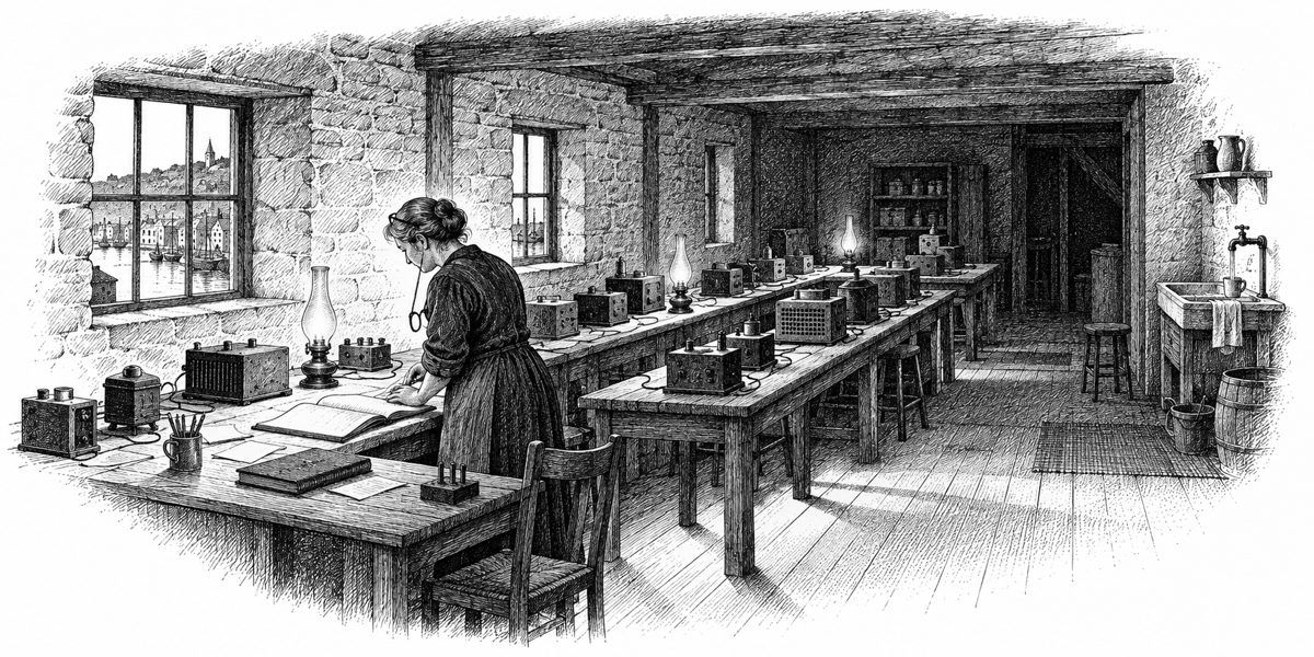 Interior of a long upper-floor room in an old mill in the evening: three long tables set with rows of small plain receiver units, a book of offsets open on the nearest table with loose papers, a woman in her fifties bent over them in profil