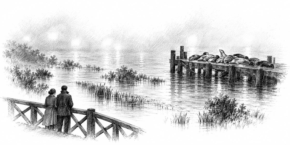Looking out from a small footbridge across a floodable park drowned by the tide: flat black and silver water lying over the lower lawns under a few street lamps that show only as yellow smudges in thick fog, and beyond the park an old unuse