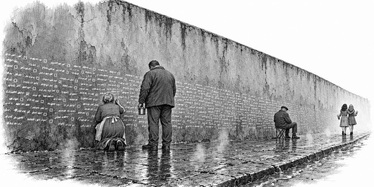 A long, plain, blank wall seen from across the walk, its lower half crowded with short white chalk names, some followed by a small open square, bright new chalk over faded old ghosts, with a small figure kneeling to chalk at it and others s