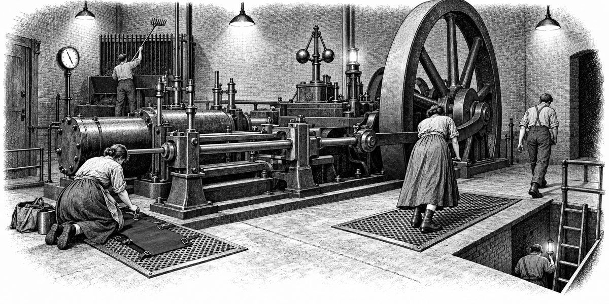 The pump floor seen across the machine: a big iron machine with its flywheel taller than a man, a treadle grate in the foreground where a woman kneels to strap a thick black pad onto the diamond tread, and crew members on the other treadle 