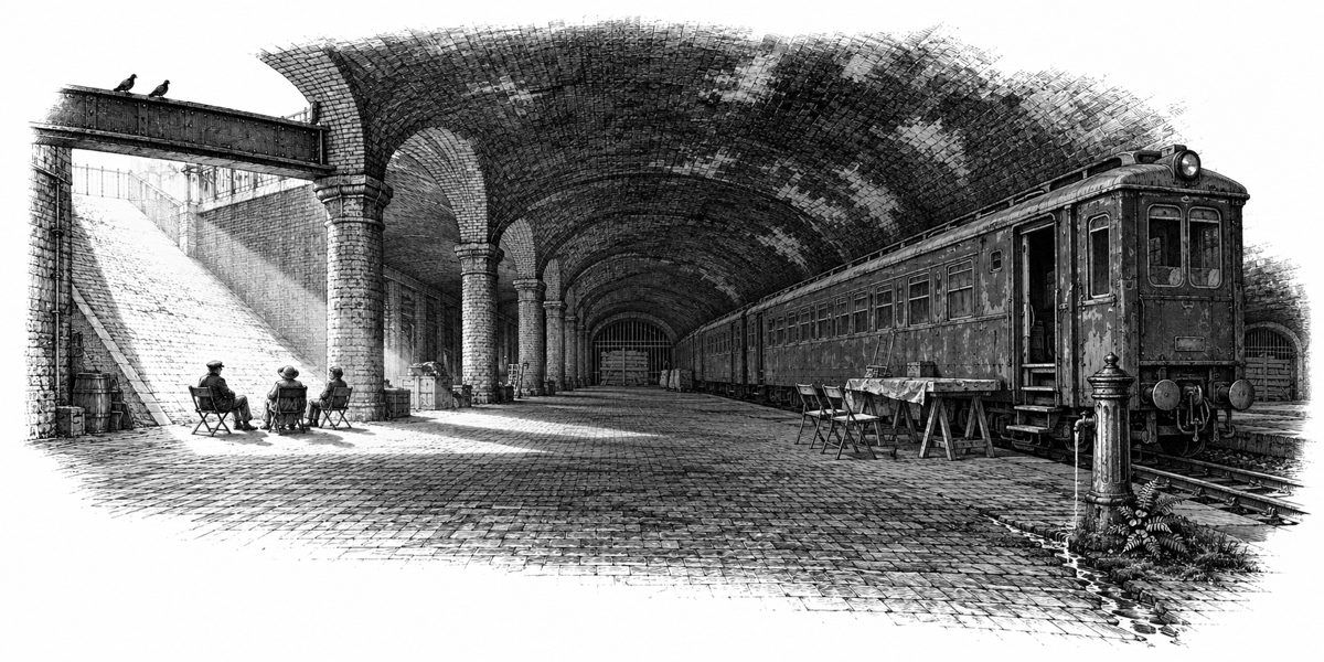Long low view along the platform: a vaulted brick ceiling, black with soot and white in patches, over a row of pillars; a wedge of dusty yellow daylight lying on the platform floor as far as the fourth pillar with a few chairs set in it and