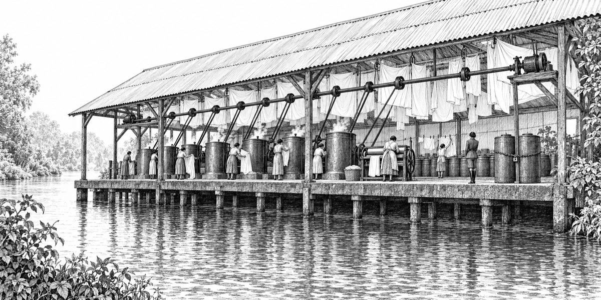 The open canal side of a long laundry shed standing on pilings over the water: a row of tall drums on a concrete apron, women at work, and white linen hung on lines up into the rafters like slow weather, with one stiff figure in dark Canopy