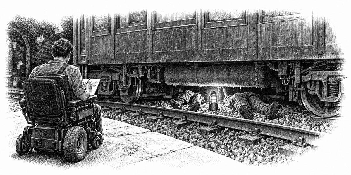 Low view across the track bed from the platform edge: the side of the old green railcar, with its wheel trucks and the dark gap under the floor where a steel tank hangs, and two pairs of legs sticking out from under the car onto the ballast