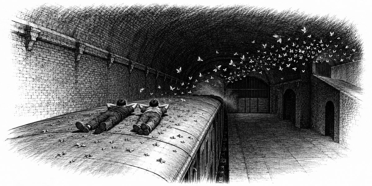 Night inside the vault of Platform Eleven, seen from roof level at one end of the old railcar looking along its length toward the closed tunnel mouth: the car's flat roof of warm steel with dead moths scattered on it, two boys lying side by