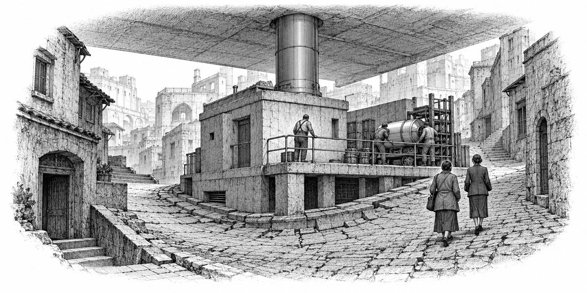 A squat concrete gate house and the great steel shaft that rises from its roof into the underside of a deck overhead, with the paving sunk and tilted in a ring around its foot and a broad loader leaning on the rail of the loading floor.