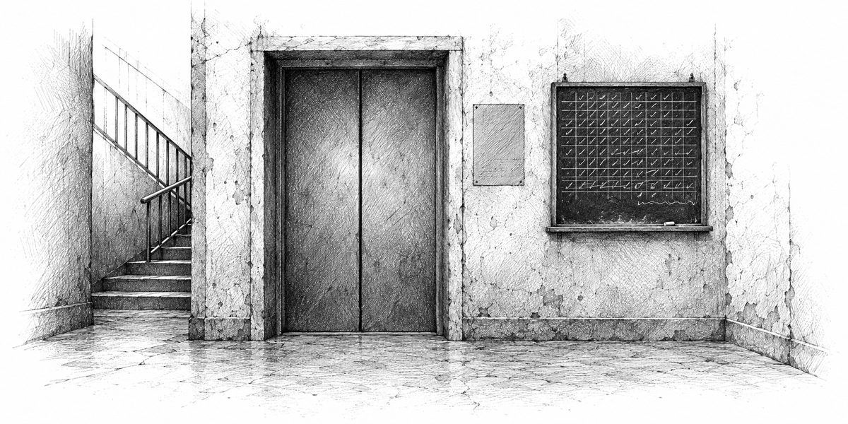 Straight-on view of a bare concrete ground-floor landing: the closed doors of a dead lift, a blue paper interruption notice pasted beside them, and a board hung on the wall covered in rows of small chalk entries, with a short line of small 