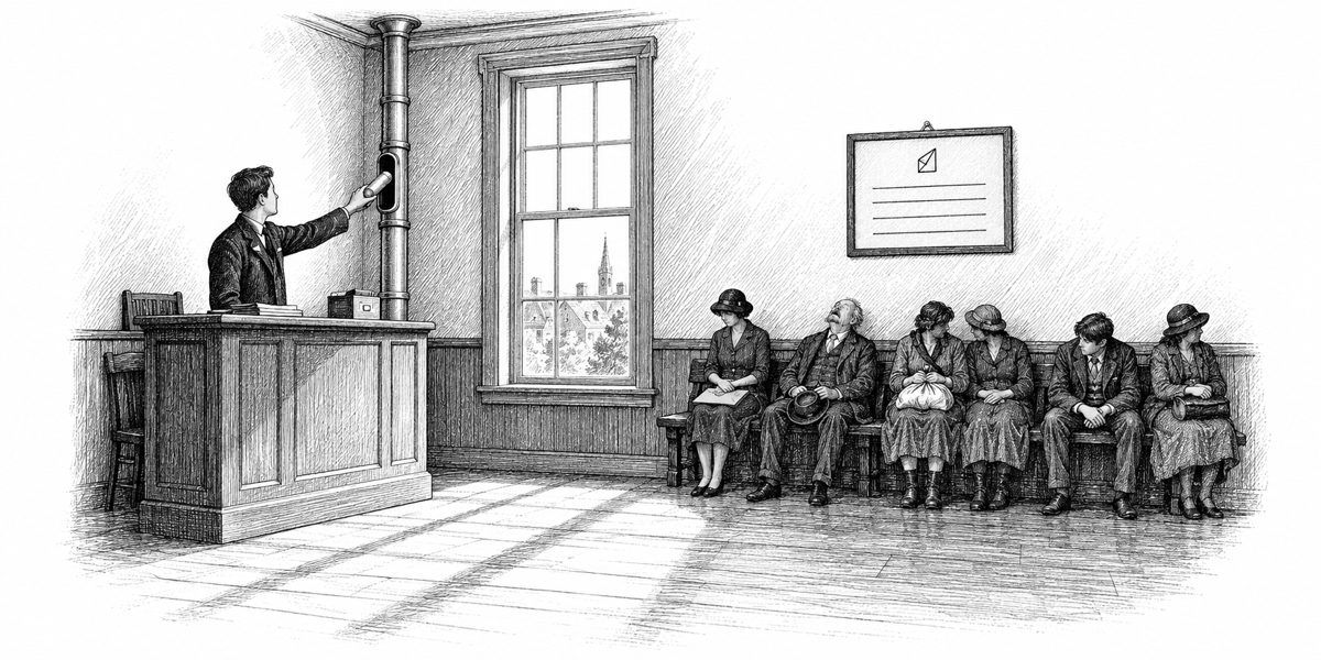 A plain waiting room: a counter with a young clerk beside a pneumatic tube that rises through the ceiling in the corner, and a long bench of silent waiting families under a framed notice, with one tall window letting in the light.