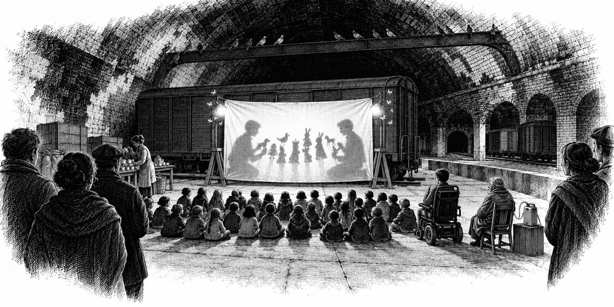 Seen from behind the last row of the audience: rows of children sitting on the concrete facing a blanket hung over two trestles that glows like a lantern, lit from behind by two work lamps clamped to the handrails of a green railcar standin