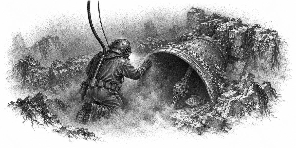 A sinker in a copper-and-glass half helmet kneeling in fine silt, one gloved hand on the curved side of a large old bell lying on its side half buried under fallen belfry rubble, its mouth turned toward him, in brown water lit by one small 