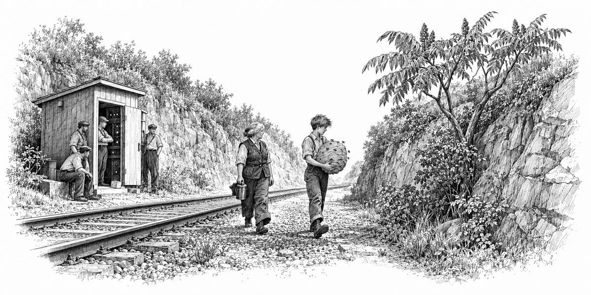A rail cutting on a summer day: a very small relay hut beside the rails with its door propped open by a brick and a few crew members standing at the doorway watching; in the middle of the picture a thin teenage boy with his sleeves rolled c