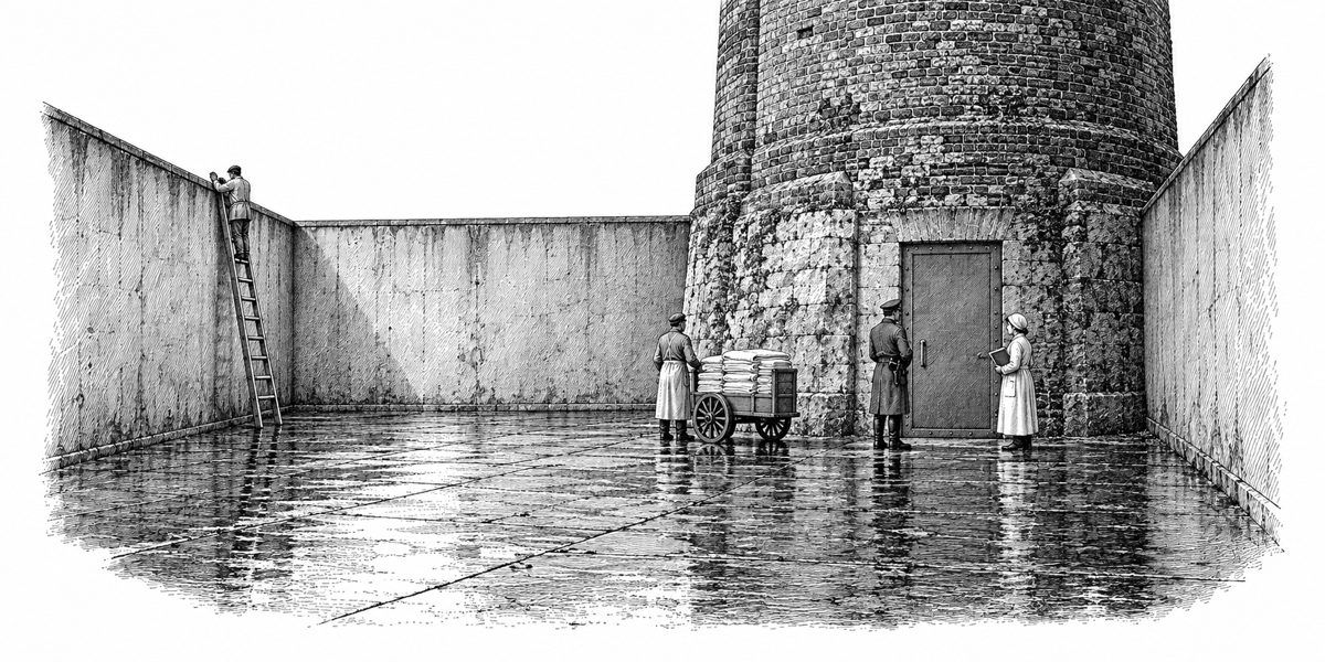 A small walled concrete yard seen from its open side: the weathered base of a very old brick tower in the far wall with a closed steel door in it, a gray-coated guard and a woman in a pale smock holding a slate waiting beside the door, a li