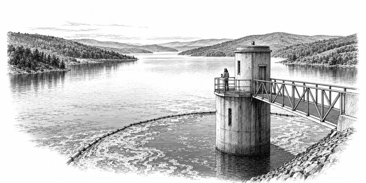 Seen from the dam along the walkway: a concrete intake tower on the face of an earth-and-stone dam, a narrow steel walkway out to it, and on the steel grating over the gate well at its end one woman standing alone with a thermos, looking do