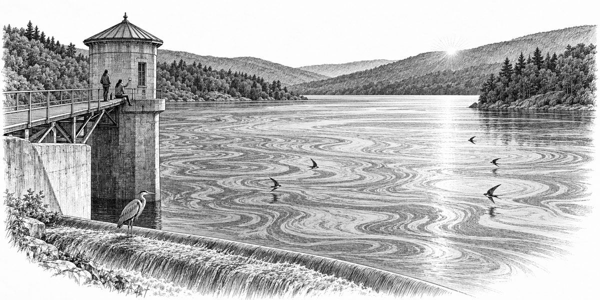 Wide view across the main body of Crown reservoir at sunrise, seen from the dam: the whole surface drawn out into long swirls and loops like marbled paper, low sun laid across it from the east ridge, swallows skimming just over the swirls, 