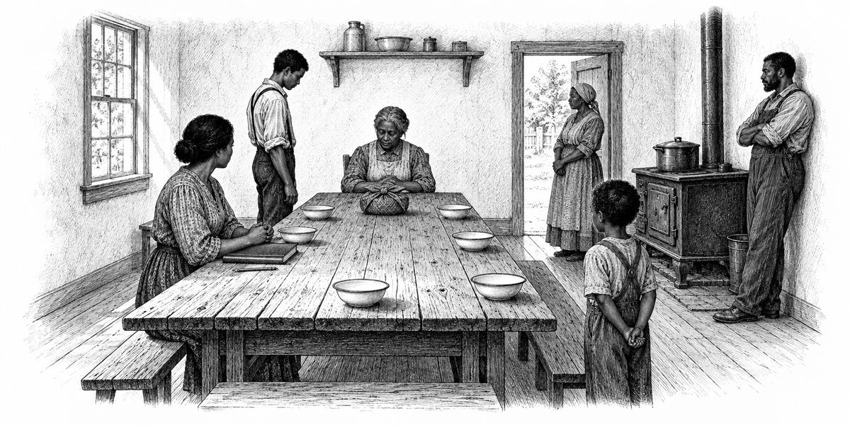The long kitchen table seen from its foot: bowls laid at every place and one more at the empty end, a white bowl wrapped in red cloth and tied with a knot sitting in front of the woman at the head, and a silent household around it.
