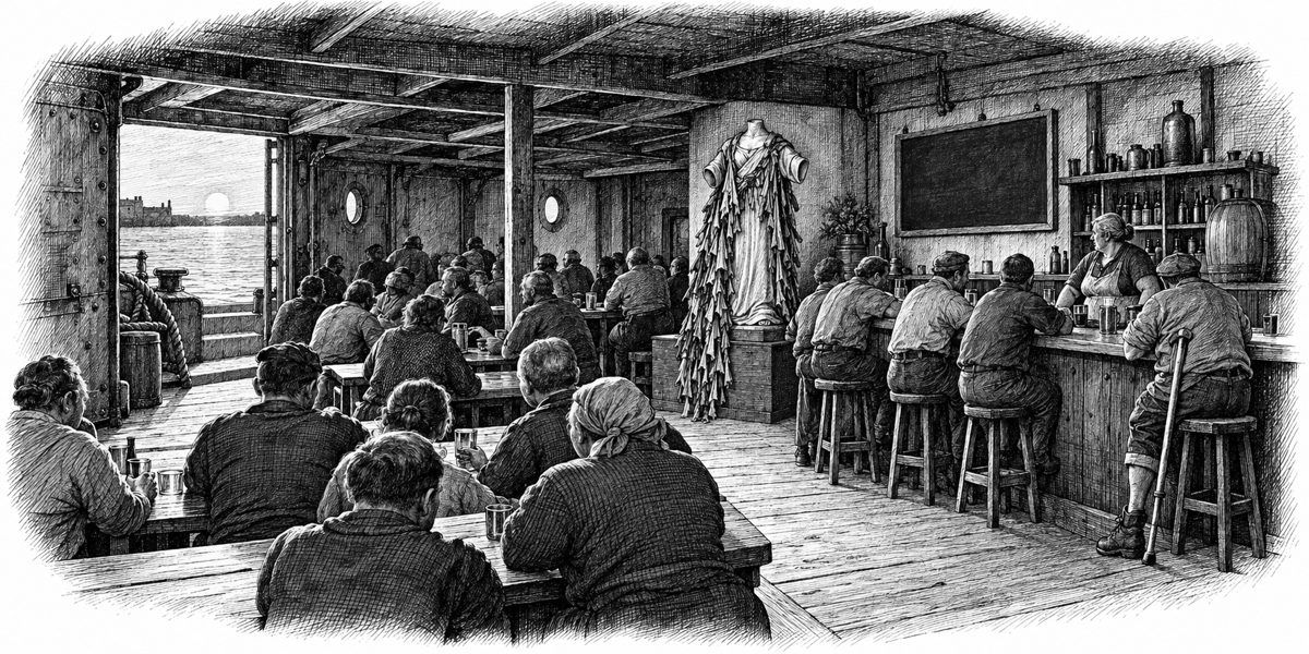 The headless, handless plaster saint on its blue wooden box behind the plank bar, hung all over with hundreds of cloth rag strips like a tree in wind, with sinkers lining the bar and benches in front and the old woman who runs the place beh