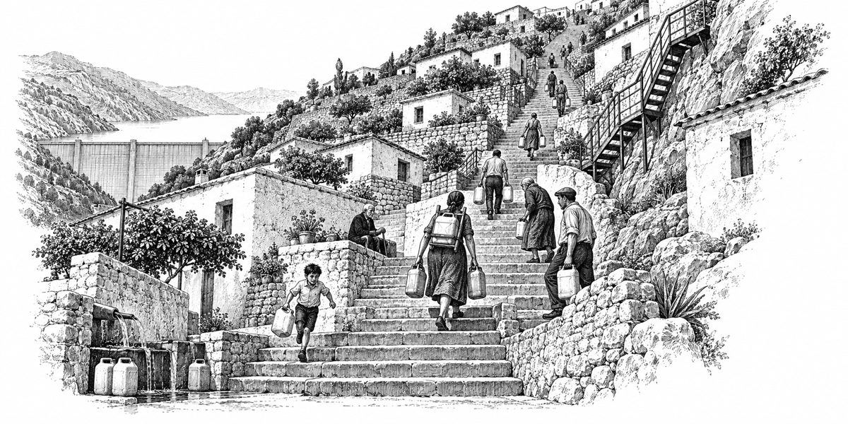 Ground-level view up a steep mixed stair between terraced houses: concrete flights, stone flights and an iron stair bolted to the rock; in the center a woman, not large, climbing without stopping with a can in each hand and a third can in a