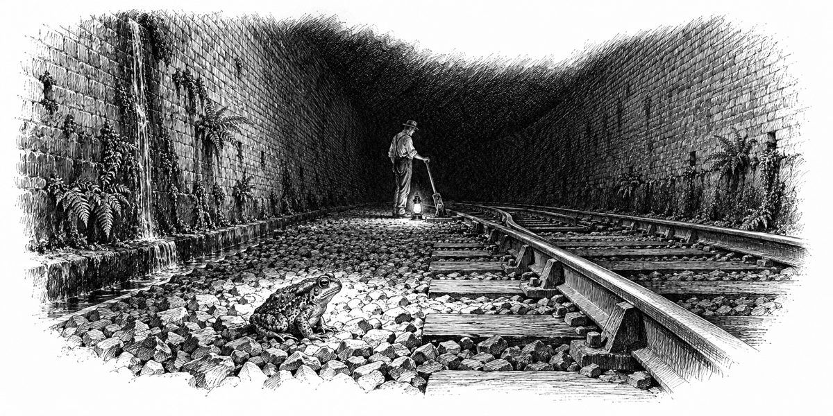 Night in a brick railway cutting: in the foreground, on the ballast at the edge of a hand lamp's circle of light, a toad; beyond it a man standing at a set of points with his hand on a short hand lever and the lamp at his feet; old soft red