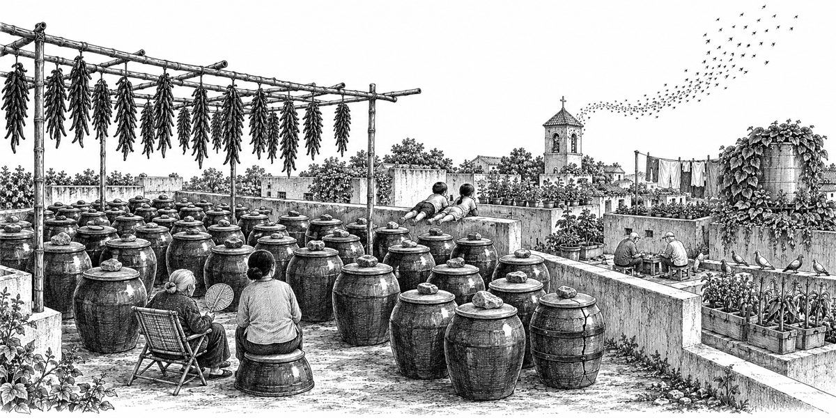 A flat tar rooftop filled with rows of big glazed crocks under a rack of drying peppers, a tiny old woman in a folding chair among them, two children at the parapet, planted rooftops beyond, and a rope of swifts streaming from a small squar