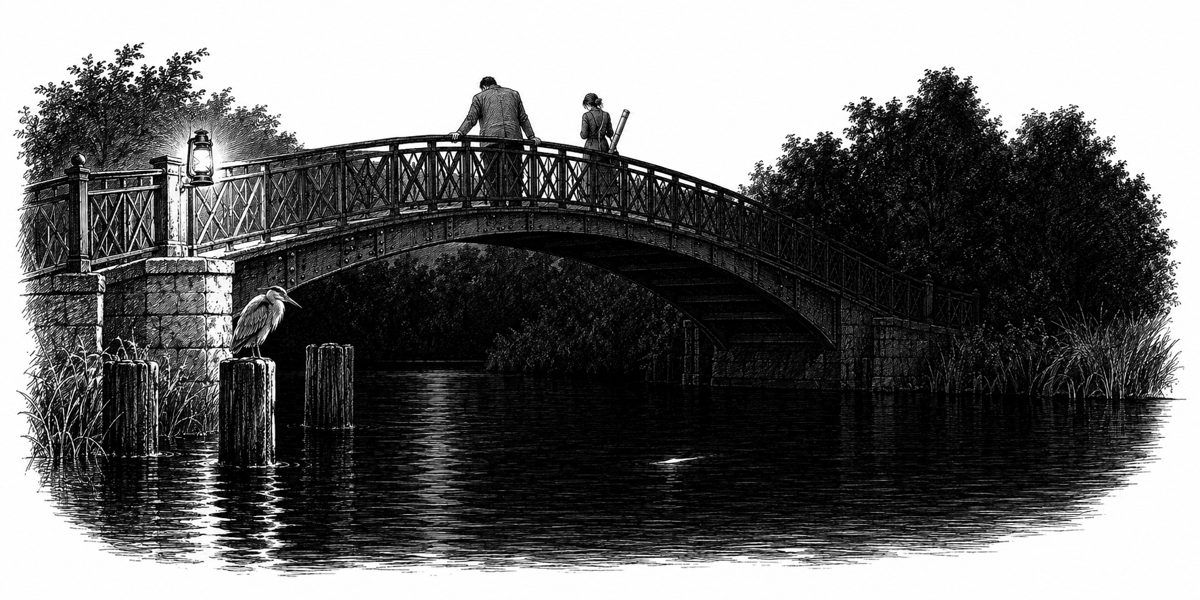 An old iron bridge arching over a black canal at night, one lamp lighting the near end and a night heron on the nearest piling, a tall man and a woman with a long tube stopped at the top of the span, and a single silver flash on the dark wa